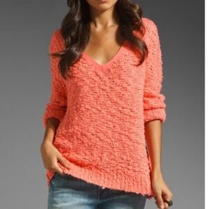 Free People Song Bird Peach Boucle Deep V Neck Oversized XS